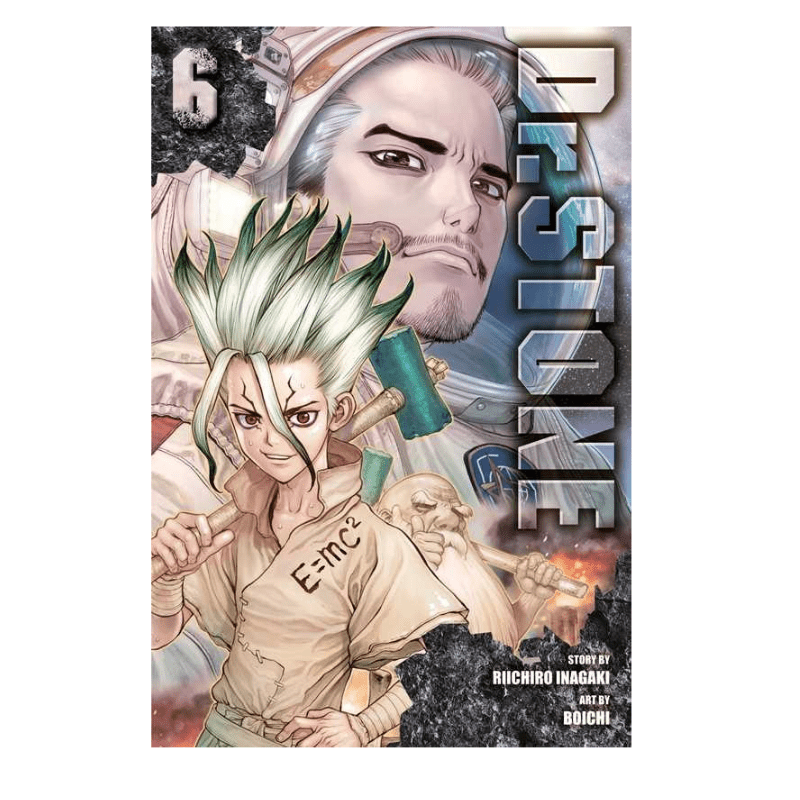 Manga comic book cover for Dr. Stone Volume 6, featuring the main character Kenma Koma with spiky green hair and a lab coat, alongside a large portrait of Tetsurou Yamamoto in the background.