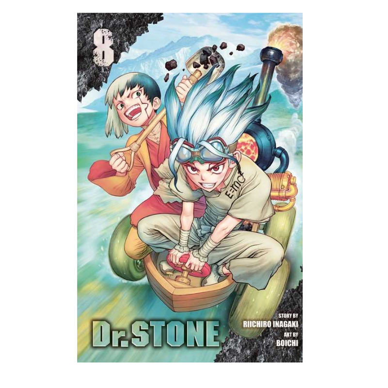 Front cover of the manga book 'Dr. Stone Volume 8' showing the two main characters, Kenma and Tetsurou, riding in a small boat with a steam engine.