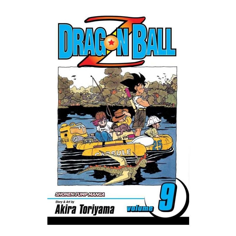 Dragon Ball volume 9 manga book cover by Akira Toriyama, featuring the title logo at the top and a central illustrated scene of characters in a yellow boat with a monster in the water.