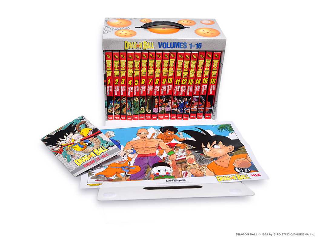 Collection of 'Dragon Ball' manga volumes with a box set on a white background