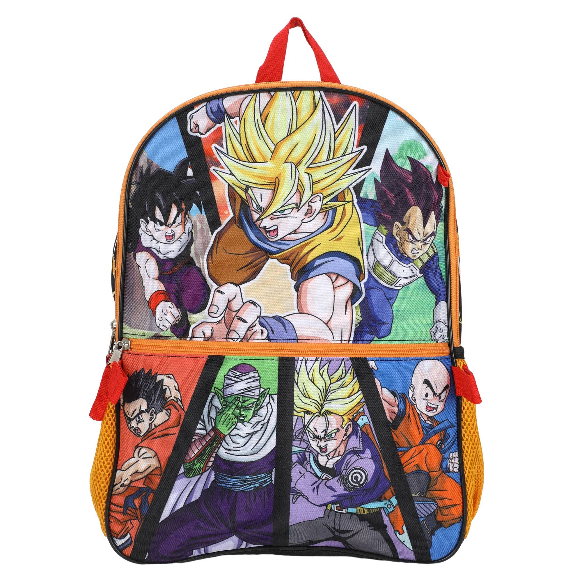 Backpack with colorful character design on a white background