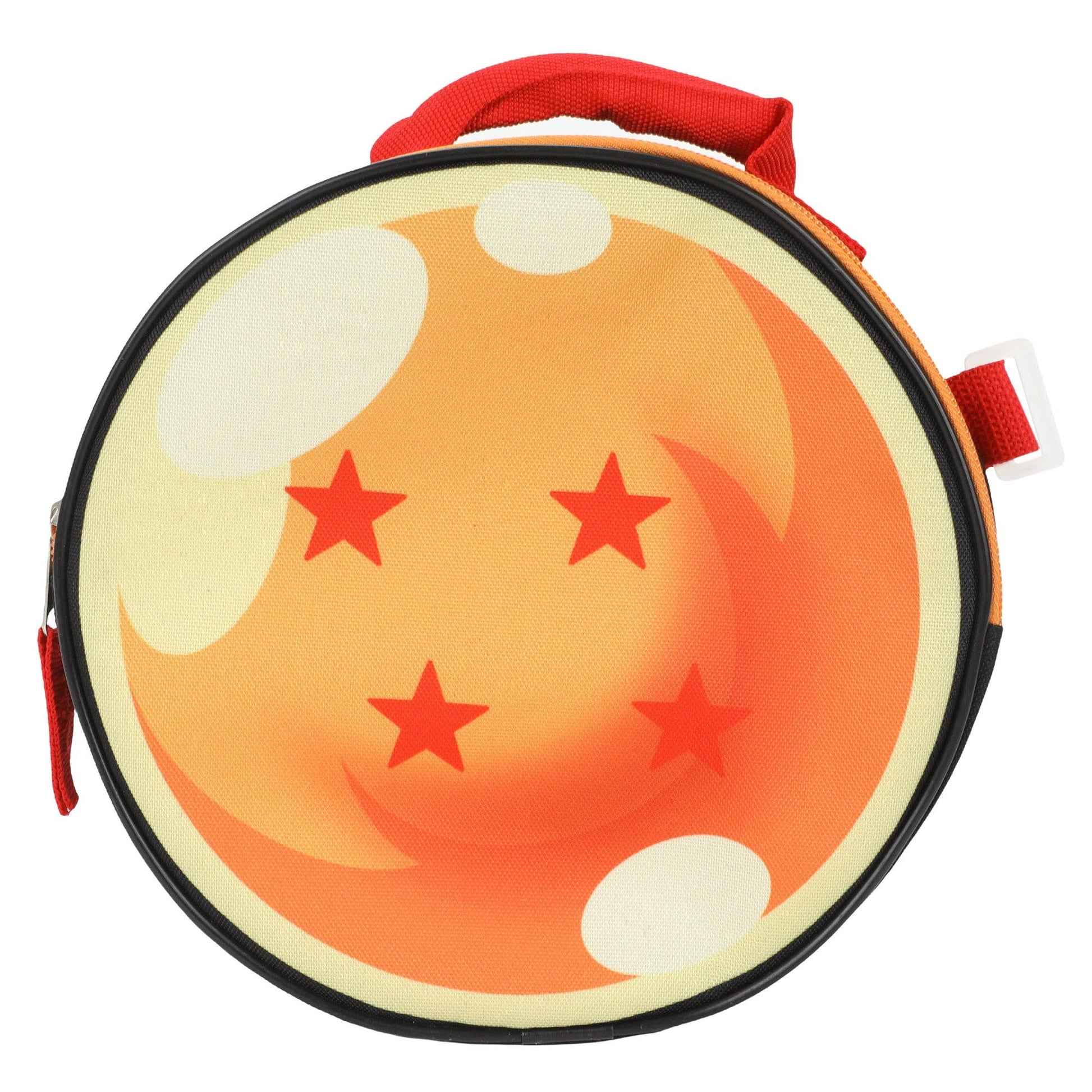 Round bag with dragon ball design featuring three red stars on a white background