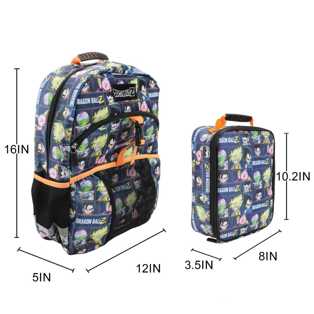 Dragon Ball Z backpack and shoe bag with measurements on a white background