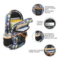 Backpack with expandable front pocket, padded laptop sleeve, and other features on a white background