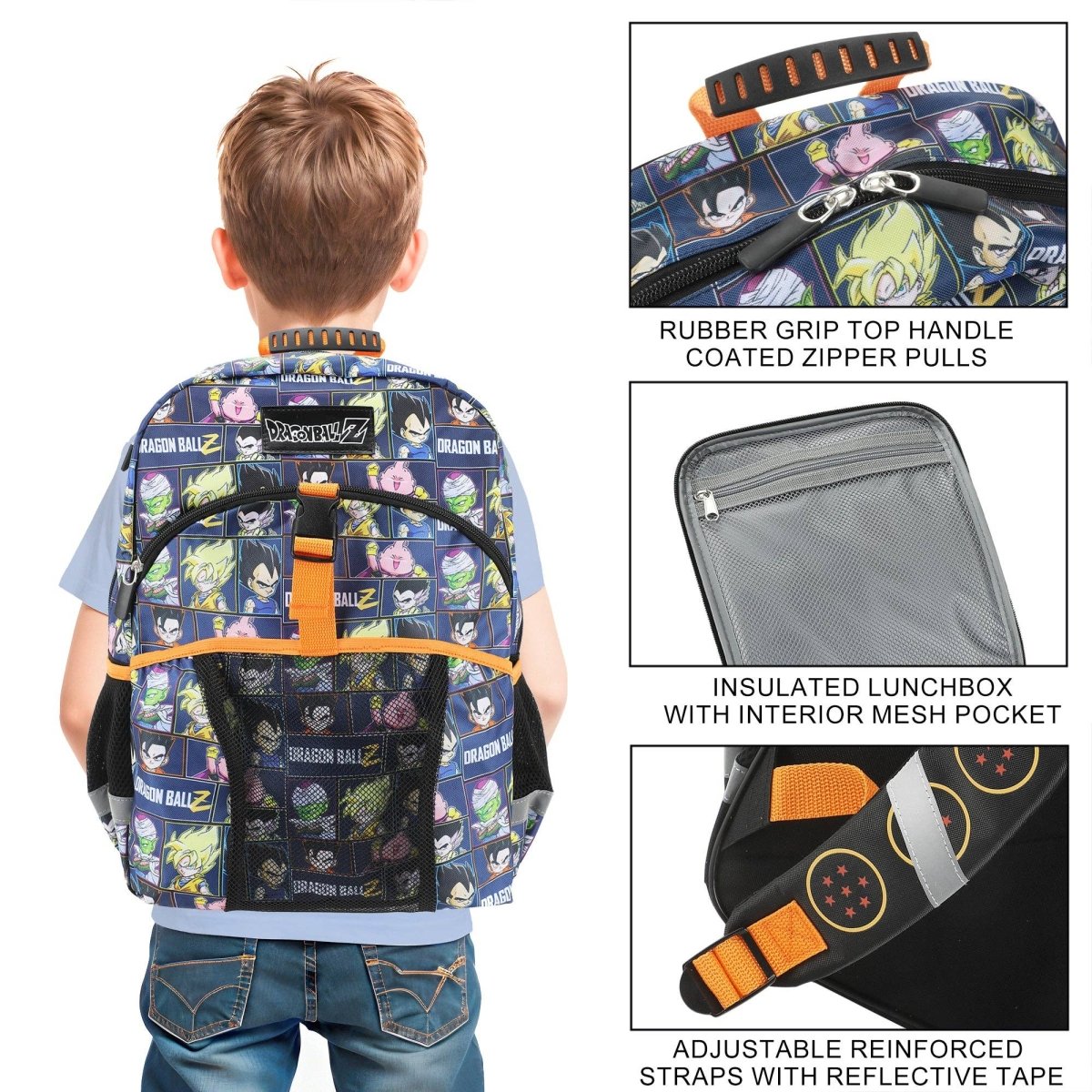Child wearing a Dragon Ball Z backpack with product features highlighted.