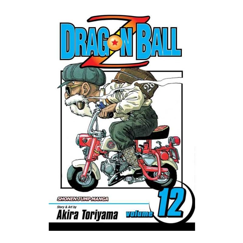 Dragon Ball volume 12 manga book cover by Akira Toriyama, featuring the title at the top and an illustration of Goku riding a small red motorcycle on a white background.
