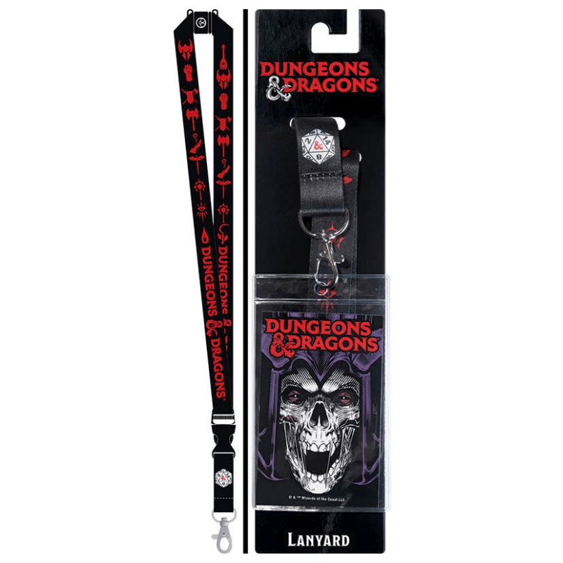 Dungeons & Dragons themed lanyard and matching card holder set, shown both unpackaged and packaged on a white background. The lanyard is black with red Dungeons & Dragons logos and symbols, and the card holder features a skull graphic with the title 'LANYARD' at the bottom.