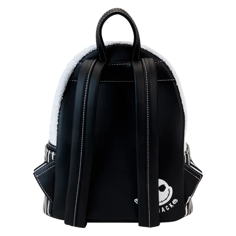 Loungefly The Nightmare Before Christmas Jack Skellington sequin mini backpack displayed with full front detail