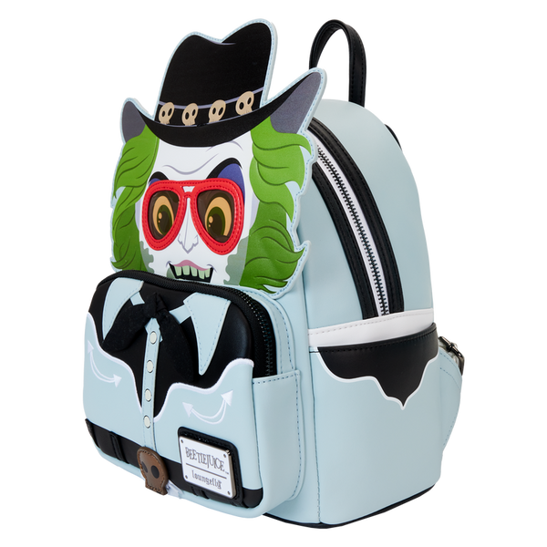 Close-up of Beetlejuice western cosplay mini backpack showing bold black-and-white pattern