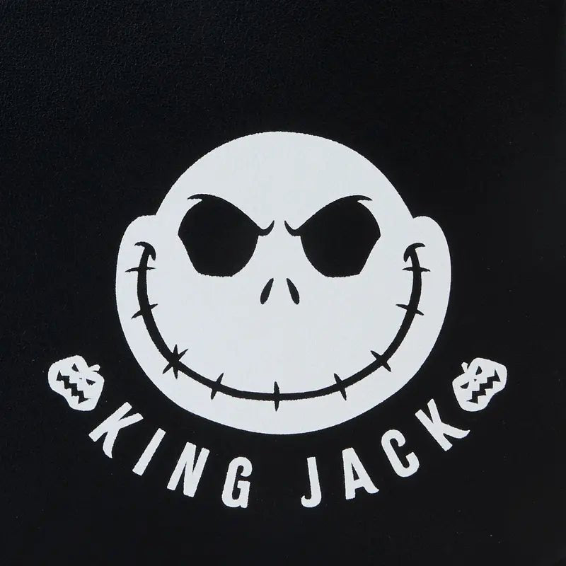 Close-up of Nightmare Before Christmas Jack Skellington backpack showing detailed sequin face