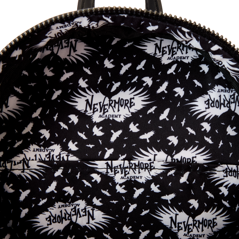 Nevermore Academy Loungefly cosplay mini backpack styled after Wednesday Addams’ school outfit