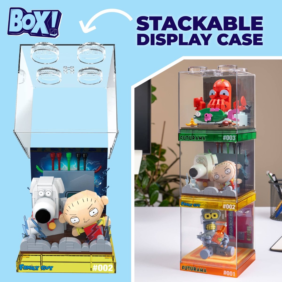 Stackable display case with toy figures on a light blue background