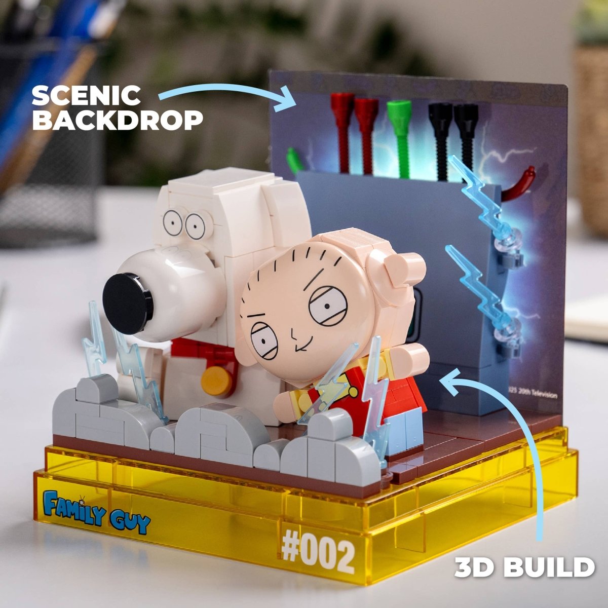 Toy figure of a character from 'Family Guy' with a scenic backdrop and '3D Build' label.