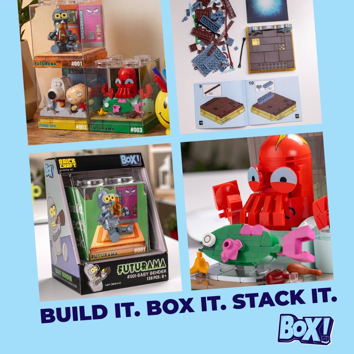Collage of toy building sets with 'Build It. Box It. Stack It.' text and 'Box!' logo.