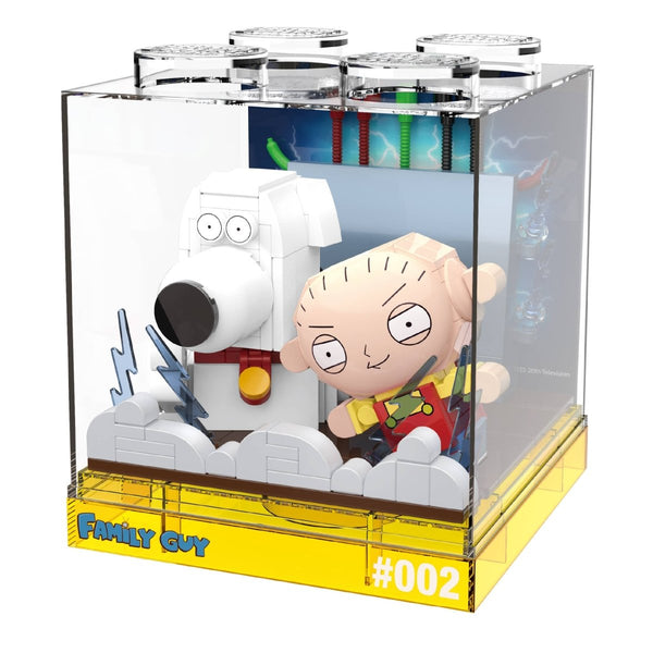 Toy figure of a character from 'Family Guy' in a clear display case with '#002' on the base.