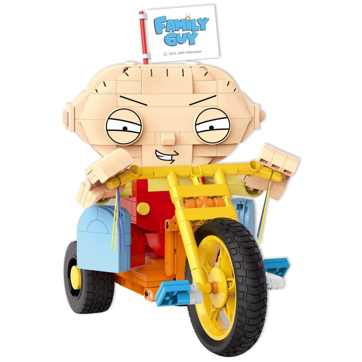 Toy figure of a character from 'Family Guy' on a motorcycle with a 'Family Guy' sign.