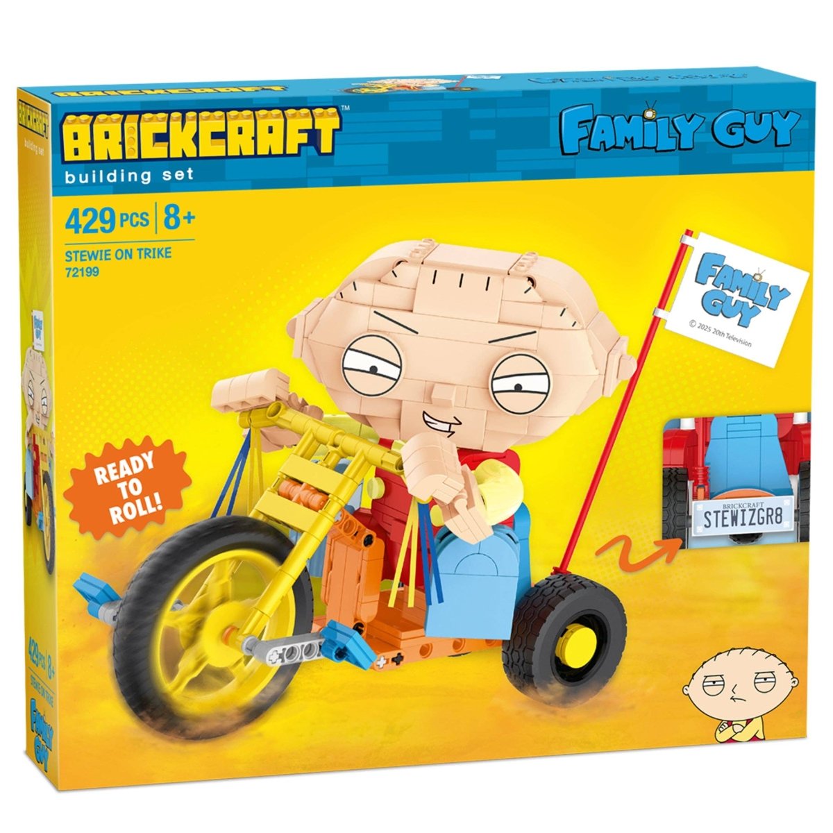Brickcraft Family Guy building set packaging with Stewie on a bike