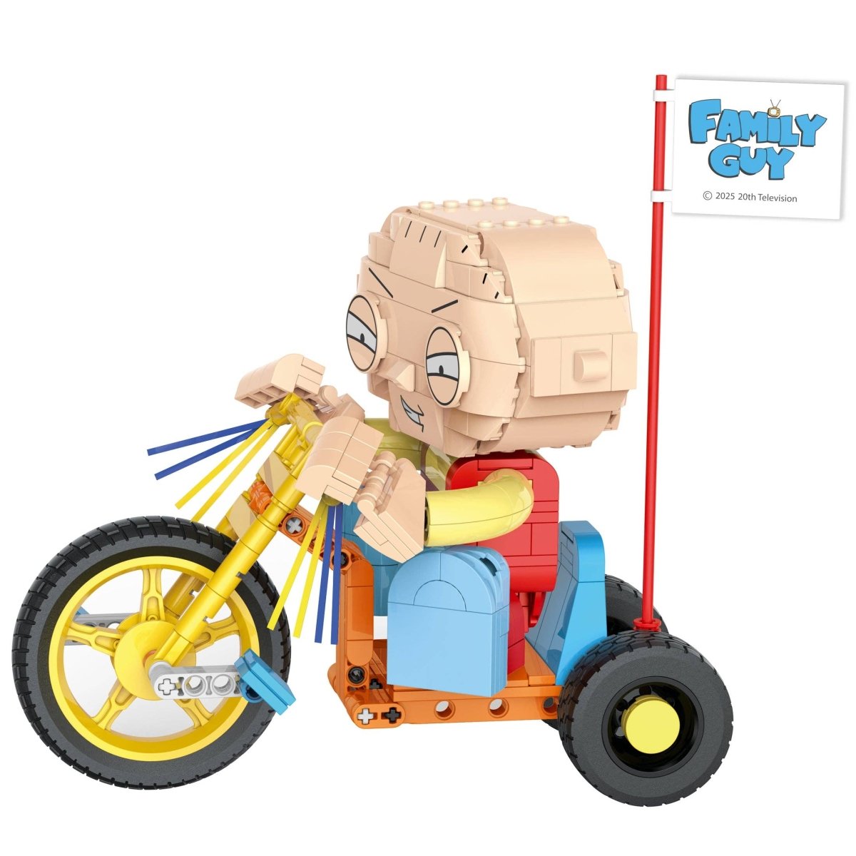 Toy figure of a character from 'Family Guy' riding a bike with a white background