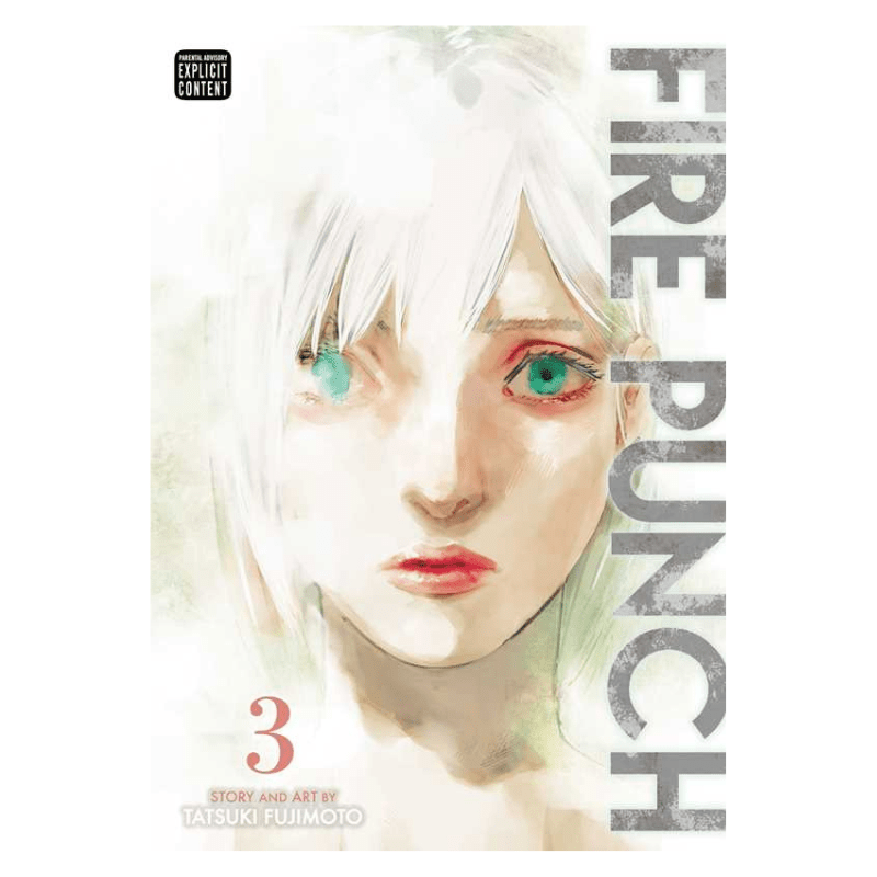 Front cover of the manga volume 'Fire Punch' Volume 3, featuring a stylized illustration of a pale-haired character with green eyes on a white background, with the title 'FIRE PUNCH' printed vertically on the right.