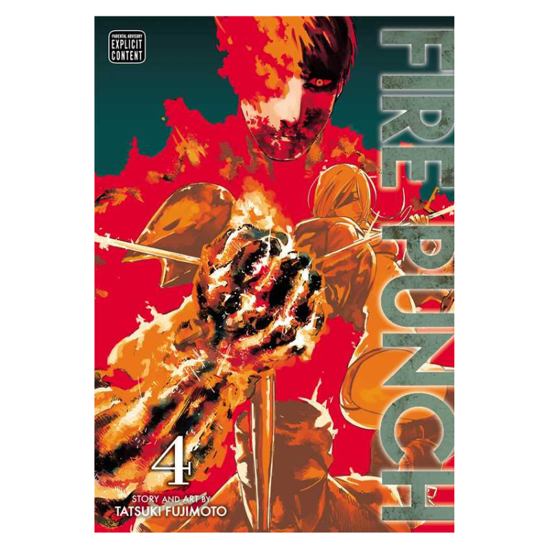 Front cover of the graphic novel Fire Punch volume 4, featuring a dramatic illustration of a hand holding a sword with fiery red, orange, and yellow flames, plus the title 'FIRE PUNCH' in large vertical letters.