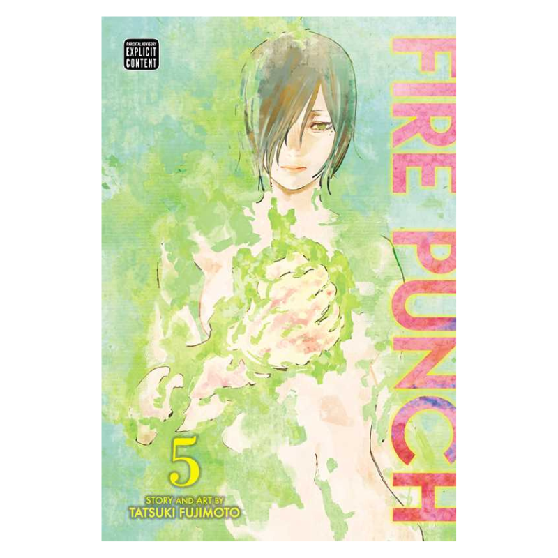 Manga volume 5 cover of Fire Punch by Tatsuki Fujimoto, featuring a stylized illustration of a character with dark hair and a green energy effect, with the title 'FIRE PUNCH' in large pink letters on the right.