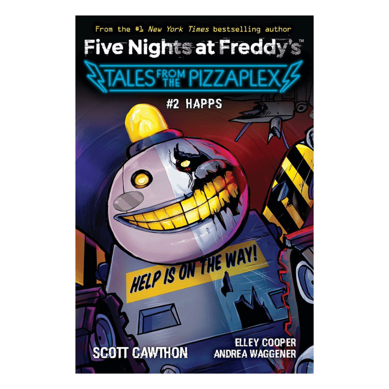 Book cover for 'Five Nights at Freddy's: Tales from the Pizzaplex #2 HAPPS' by Scott Cawthon and Elley Cooper, featuring a stylized cartoon character with a large grin and a yellow light on a dark background.