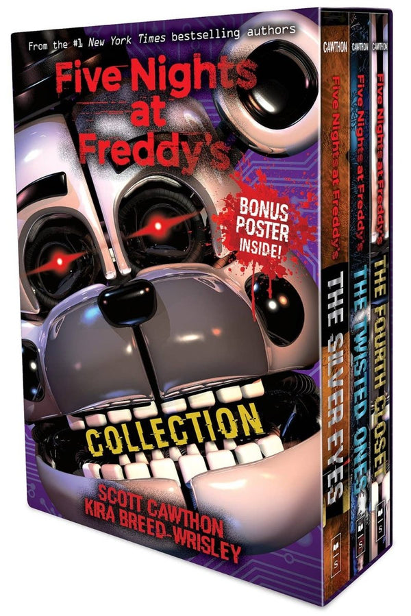 Collection of 'Five Nights at Freddy's' books with a prominent cover featuring a character from the series.