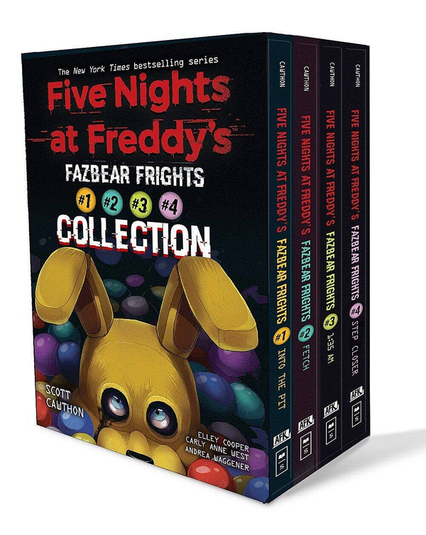 Collection of 'Five Nights at Freddy's: Fazbear Frights' books with a yellow creature illustration on a black background.