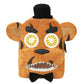 Backpack designed like a cartoon character with large eyes and a bow tie on a white background