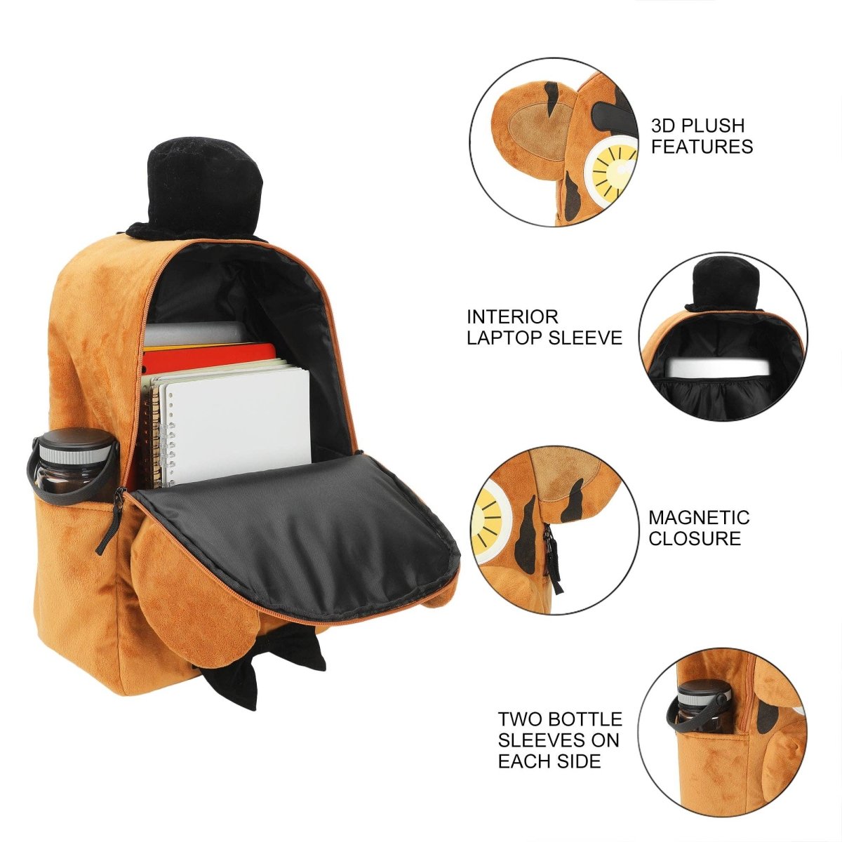 Orange backpack with features highlighted on a white background