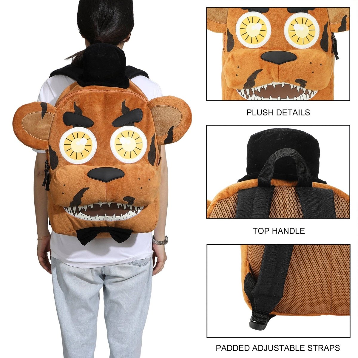 Plush backpack with animal face design, showing details like top handle and padded straps.