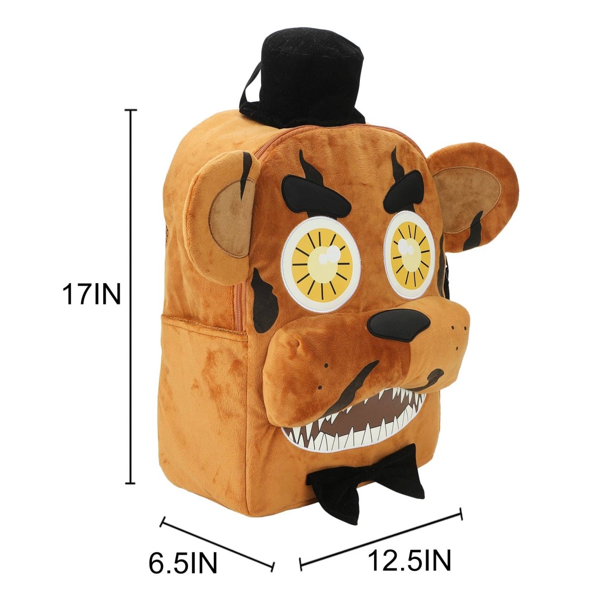Plush toy with a face design, resembling a character from a popular franchise, on a white background with measurements indicated.