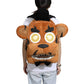 Person wearing a brown backpack with a cartoonish face design on a white background