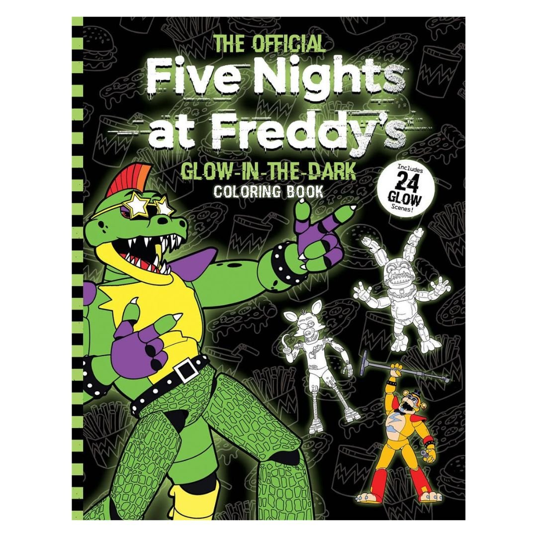 Glow-in-the-dark coloring book cover featuring characters from 'Five Nights at Freddy's'.