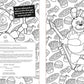 Coloring book page with a character holding a baseball bat and a sign, surrounded by fast food items.
