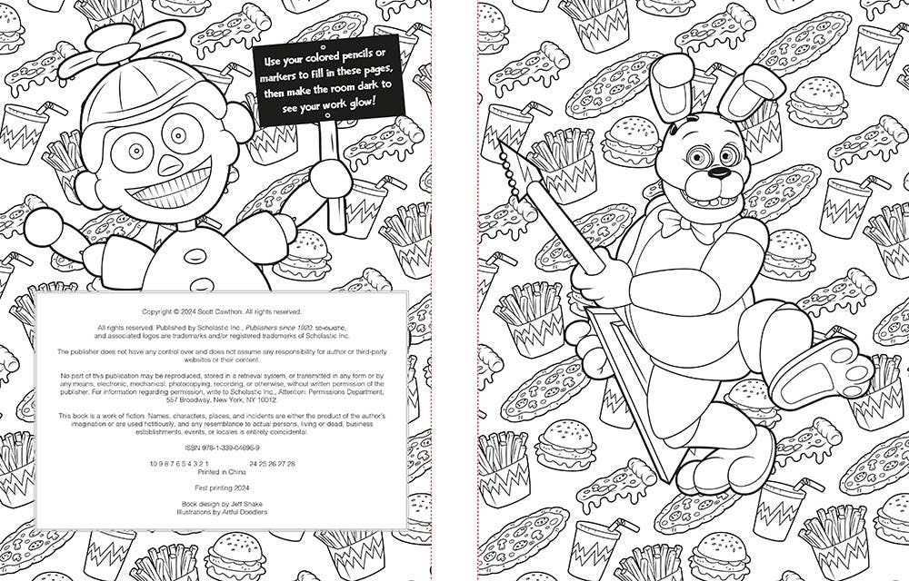 Coloring book page with a character holding a baseball bat and a sign, surrounded by fast food items.