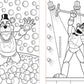 Coloring book page with a robot character surrounded by bubbles on one side and a different pose on the other, with visible brand 'Freddy Fazbear' on the bubbles.