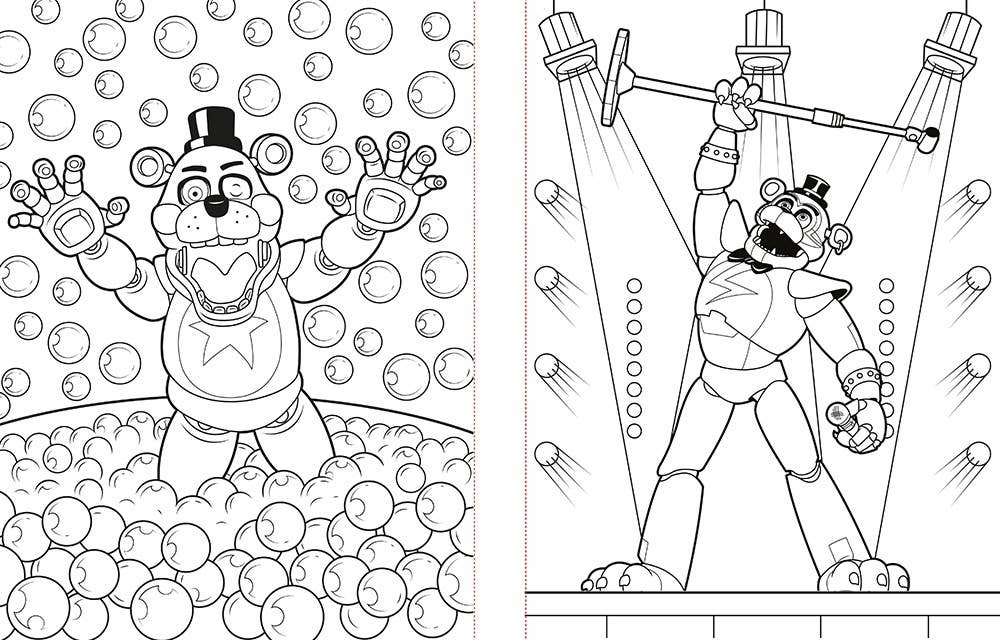 Coloring book page with a robot character surrounded by bubbles on one side and a different pose on the other, with visible brand 'Freddy Fazbear' on the bubbles.