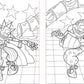 Two coloring pages of a clown and a princess with stars and balloons.