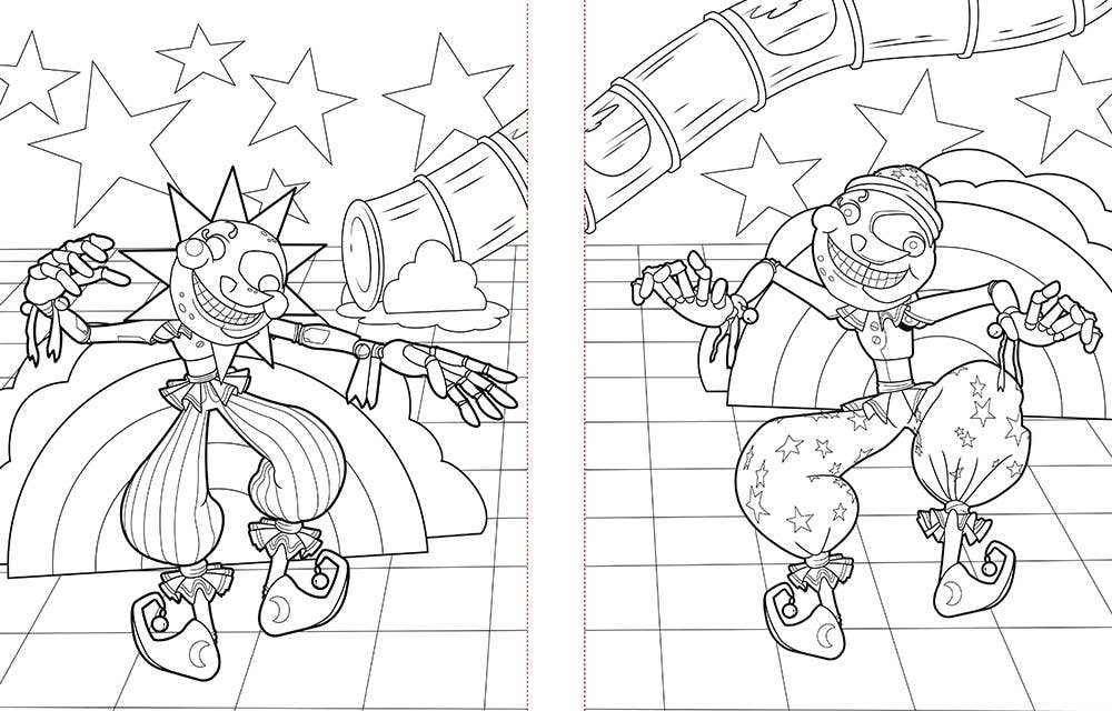 Two coloring pages of a clown and a princess with stars and balloons.