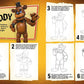 Instructional guide for drawing Freddy Fazbear from Five Nights at Freddy's with a cartoon character on a wooden surface.