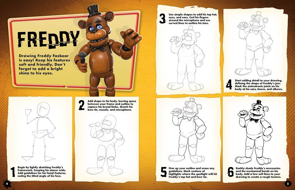 Instructional guide for drawing Freddy Fazbear from Five Nights at Freddy's with a cartoon character on a wooden surface.