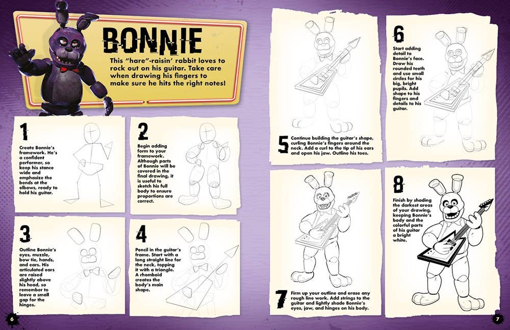 Step-by-step drawing guide for creating a character named Bonnie on a purple background.