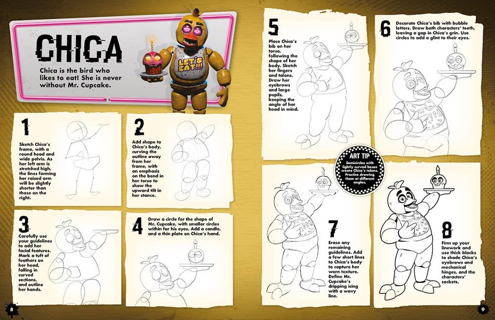Step-by-step drawing guide for creating a character named Chica on a wooden surface.