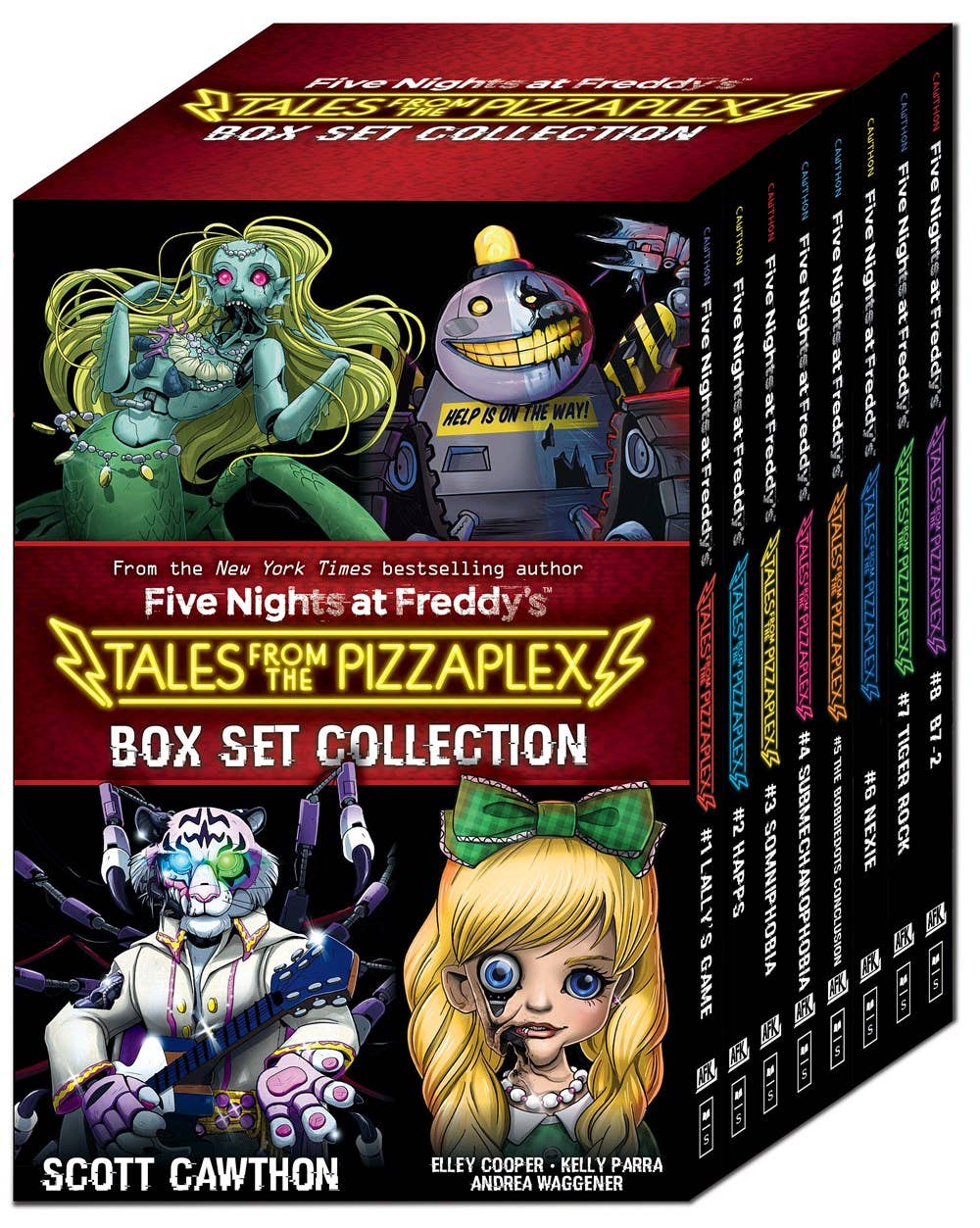 Box set collection of 'Five Nights at Freddy's: Tales from the Pizzaplex' books with character illustrations on a black background.