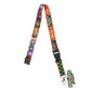 Colorful lanyard with character designs on a white background
