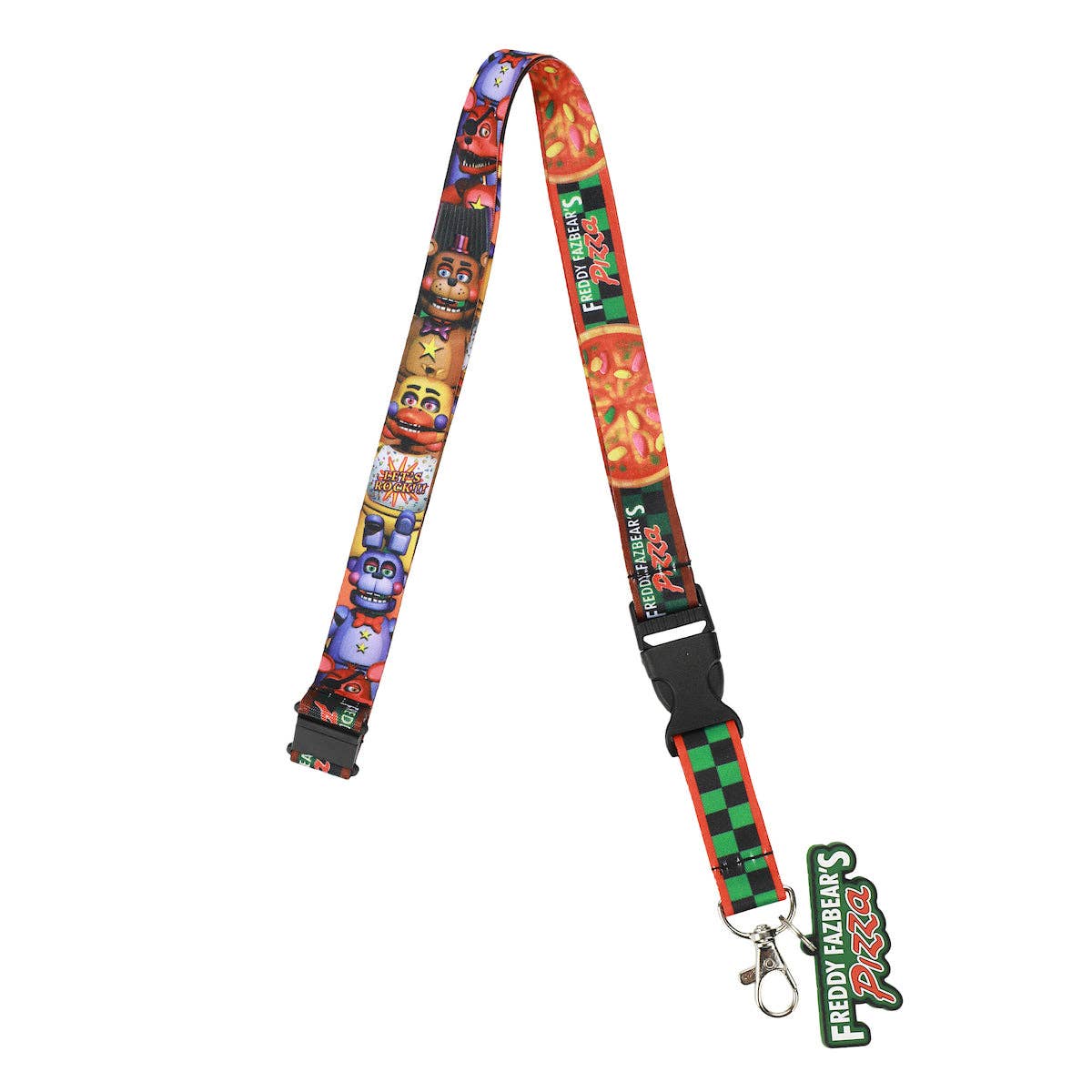 Colorful lanyard with character designs on a white background