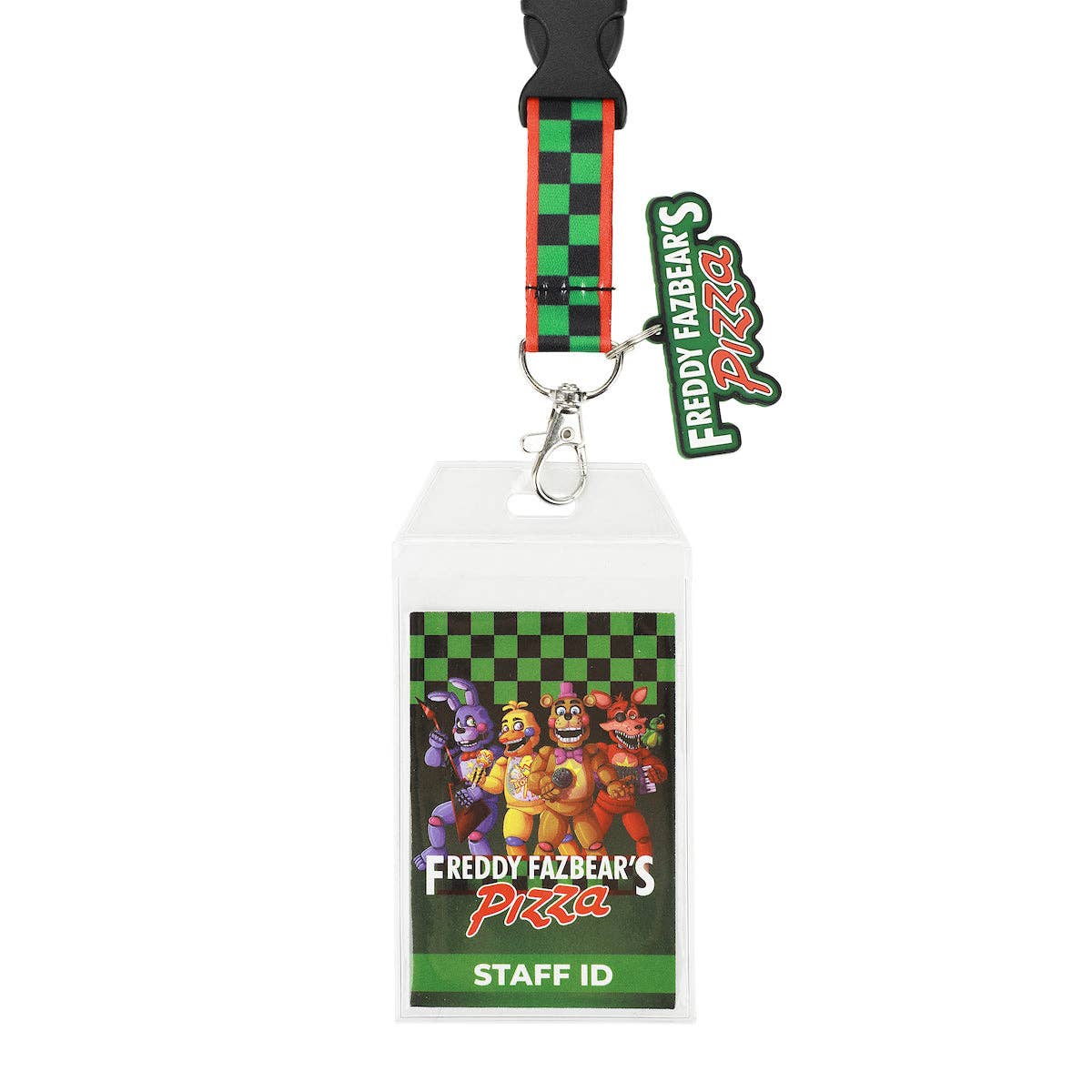 Lanyard with a 'Freddy Fazbear's Pizza' staff ID card on a white background