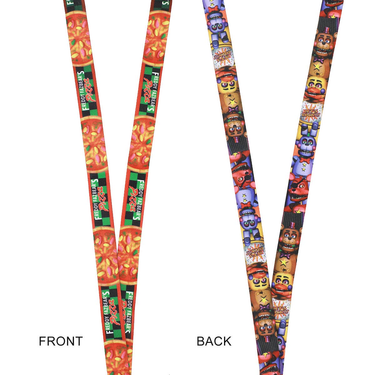 Two views of a colorful lanyard with cartoon character design on a white background.