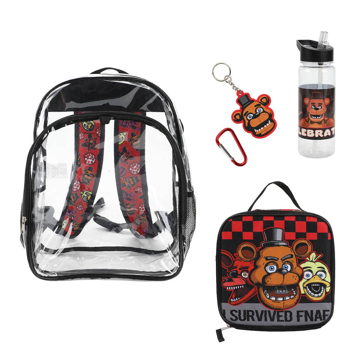 Clear backpack, keychain, water bottle, and lunch bag with themed designs on a white background